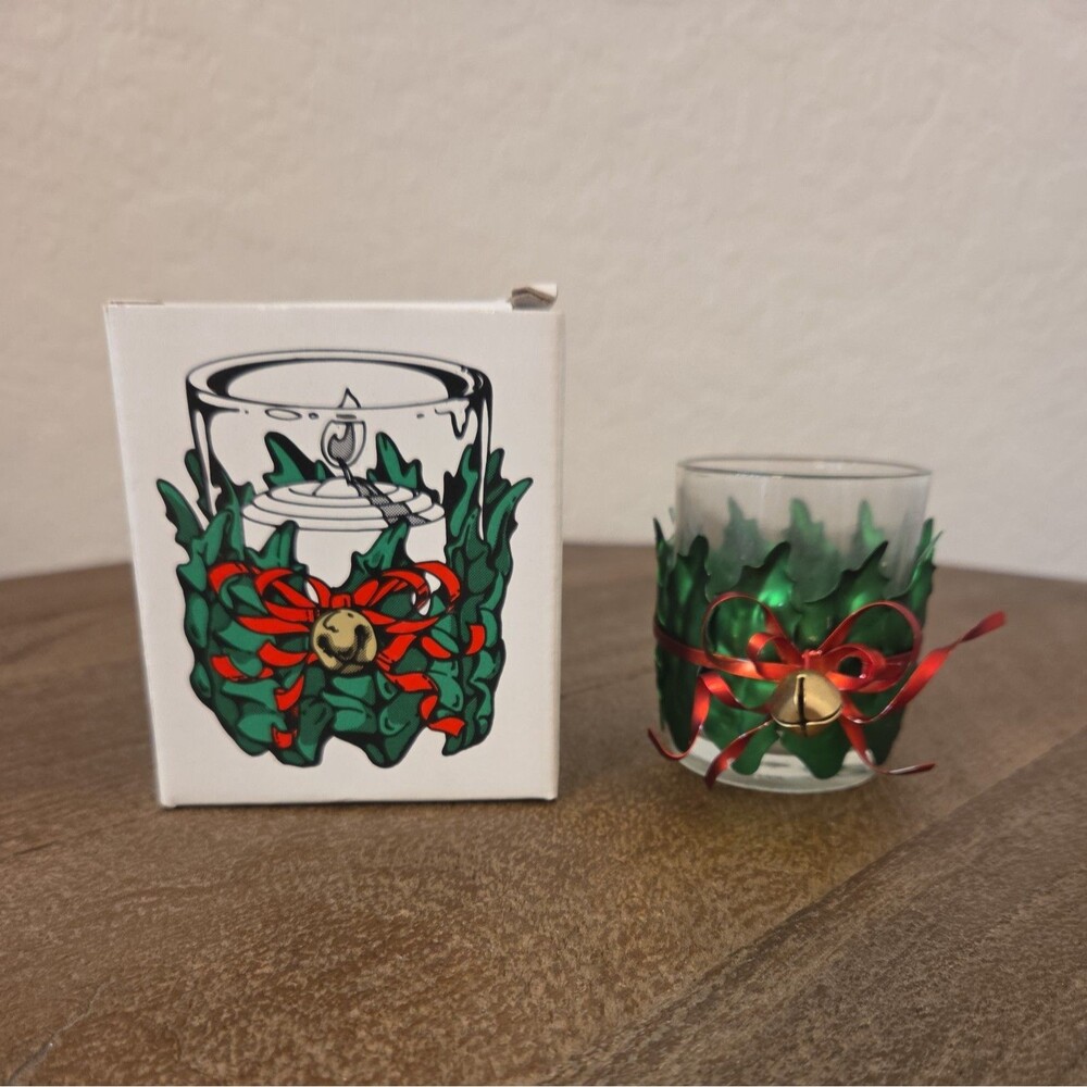 Vintage Department 56 Christmas Metal Holly Leaf Red Ribbon Votive Candle Holder